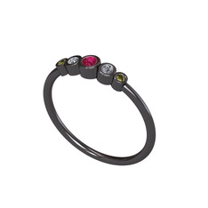 Minimal 5 Taşlı Yüzük - Rodolit garnet, elmas ve peridot 925 ayar siyah rodyum kaplama gümüş yüzük (0.072 karat) #4b6uij
