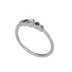 Minimal 5 Taşlı Yüzük - Swarovski, ametist ve pırlanta 14 ayar beyaz altın yüzük (0.03 karat) #66evlm
