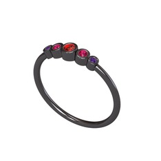 Minimal 5 Taşlı Yüzük - Garnet, rodolit garnet ve ametist 925 ayar siyah rodyum kaplama gümüş yüzük #6pq8ad