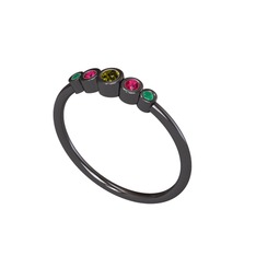 Minimal 5 Taşlı Yüzük - Peridot, rodolit garnet ve kök zümrüt 925 ayar siyah rodyum kaplama gümüş yüzük #7aqley