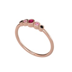 Minimal 5 Taşlı Yüzük - Rodolit garnet, pembe kuvars ve siyah zirkon 14 ayar rose altın yüzük #7mrr53