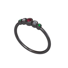 Minimal 5 Taşlı Yüzük - Kök yakut, pırlanta ve yeşil kuvars 925 ayar siyah rodyum kaplama gümüş yüzük (0.072 karat) #9wnr3r