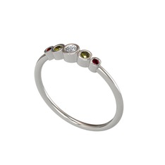 Minimal 5 Taşlı Yüzük - Swarovski, peridot ve kök yakut 8 ayar beyaz altın yüzük #dg1c9s