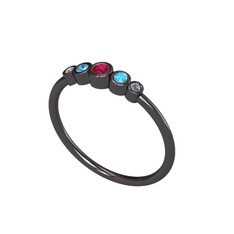 Minimal 5 Taşlı Yüzük - Rodolit garnet, akuamarin ve pırlanta 925 ayar siyah rodyum kaplama gümüş yüzük (0.03 karat) #epr805