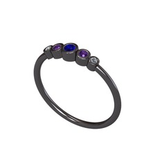 Minimal 5 Taşlı Yüzük - Lab safir, ametist ve elmas 925 ayar siyah rodyum kaplama gümüş yüzük (0.03 karat) #hi31yt