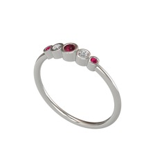 Minimal 5 Taşlı Yüzük - Kök yakut, swarovski ve rodolit garnet 8 ayar beyaz altın yüzük #m21pf8