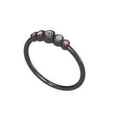Minimal 5 Taşlı Yüzük - Pırlanta, swarovski ve pembe kuvars 925 ayar siyah rodyum kaplama gümüş yüzük (0.06 karat) #n1g8e8