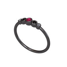 Minimal 5 Taşlı Yüzük - Rodolit garnet, siyah zirkon ve elmas 925 ayar siyah rodyum kaplama gümüş yüzük (0.03 karat) #nrrr7v