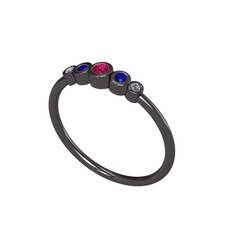 Minimal 5 Taşlı Yüzük - Rodolit garnet, lab safir ve pırlanta 925 ayar siyah rodyum kaplama gümüş yüzük (0.03 karat) #otygfi