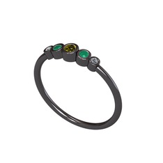Peridot, kök zümrüt ve pırlanta 925 ayar siyah rodyum kaplama gümüş yüzük (0.03 karat)