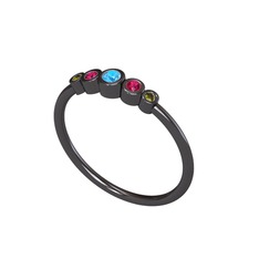 Minimal 5 Taşlı Yüzük - Akuamarin, rodolit garnet ve peridot 925 ayar siyah rodyum kaplama gümüş yüzük #rfrr36