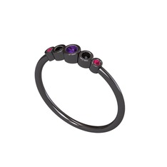 Minimal 5 Taşlı Yüzük - Ametist, siyah zirkon ve rodolit garnet 925 ayar siyah rodyum kaplama gümüş yüzük #rh38al