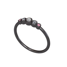 Minimal 5 Taşlı Yüzük - Swarovski, pırlanta ve pembe kuvars 925 ayar siyah rodyum kaplama gümüş yüzük (0.072 karat) #s8o0md