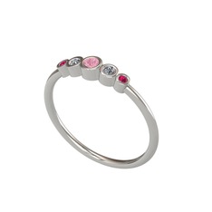 Minimal 5 Taşlı Yüzük - Pembe kuvars, pırlanta ve rodolit garnet 14 ayar beyaz altın yüzük (0.072 karat) #wv1tys
