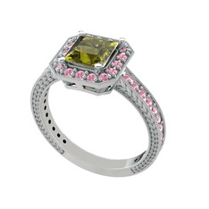 Peridot ve pembe kuvars 18 ayar beyaz altın yüzük