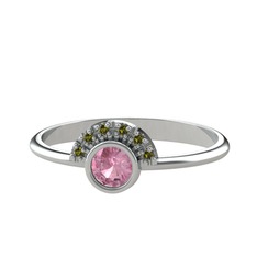 Minimal Güneş Yüzük - Pembe kuvars ve peridot 14 ayar beyaz altın yüzük #1f769q7