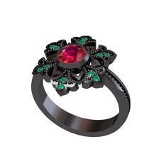 Lumi Kar Tanesi Yüzük - Rodolit garnet ve kök zümrüt 925 ayar siyah rodyum kaplama gümüş yüzük #154031z
