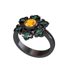 Lumi Kar Tanesi Yüzük - Sitrin ve kök zümrüt 925 ayar siyah rodyum kaplama gümüş yüzük #15ij2p6