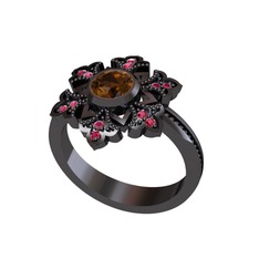 Lumi Kar Tanesi Yüzük - Dumanlı kuvars ve rodolit garnet 925 ayar siyah rodyum kaplama gümüş yüzük #18zre86