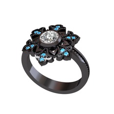 Lumi Kar Tanesi Yüzük - Pırlanta ve akuamarin 925 ayar siyah rodyum kaplama gümüş yüzük (0.66 karat) #ixk0vz