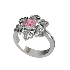 Pembe kuvars ve pırlanta 14 ayar beyaz altın yüzük (0.132 karat)