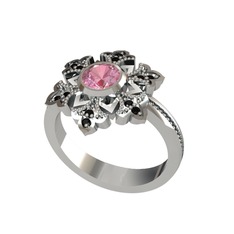 Lumi Kar Tanesi Yüzük - Pembe kuvars ve siyah zirkon 8 ayar beyaz altın yüzük #w5ou9l