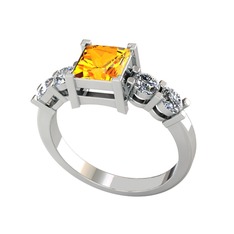 Pya 5 Taş Yüzük - Sitrin ve pırlanta 18 ayar beyaz altın yüzük (0.64 karat) #10actpo