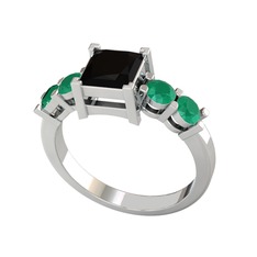 Siyah zirkon ve kök zümrüt 14 ayar beyaz altın yüzük