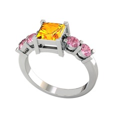 Pya 5 Taş Yüzük - Sitrin ve pembe kuvars 8 ayar beyaz altın yüzük #13kd9by