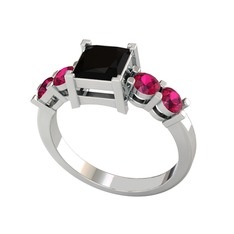 Pya 5 Taş Yüzük - Siyah zirkon ve rodolit garnet 18 ayar beyaz altın yüzük #14yhtqd