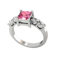 Pya 5 Taş Yüzük - Pembe kuvars ve swarovski 8 ayar beyaz altın yüzük #17ud48r