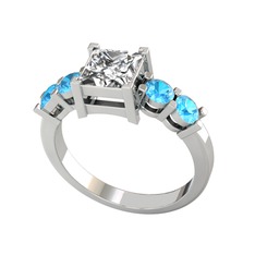 Pya 5 Taş Yüzük - Swarovski ve akuamarin 14 ayar beyaz altın yüzük #183r1oa