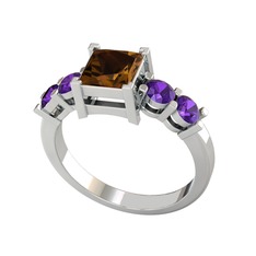 Pya 5 Taş Yüzük - Dumanlı kuvars ve ametist 14 ayar beyaz altın yüzük #1ayanba