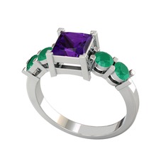 Pya 5 Taş Yüzük - Ametist ve kök zümrüt 8 ayar beyaz altın yüzük #1chfzqj