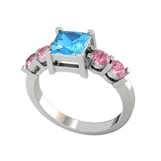 Pya 5 Taş Yüzük - Akuamarin ve pembe kuvars 18 ayar beyaz altın yüzük #1chqb9z