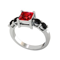 Pya 5 Taş Yüzük - Garnet ve siyah zirkon 14 ayar beyaz altın yüzük #1f67bcf