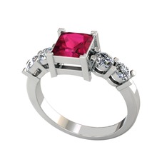 Pya 5 Taş Yüzük - Rodolit garnet ve pırlanta 18 ayar beyaz altın yüzük (0.64 karat) #1fe30r8