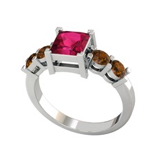 Pya 5 Taş Yüzük - Rodolit garnet ve dumanlı kuvars 18 ayar beyaz altın yüzük #1jlc6ma
