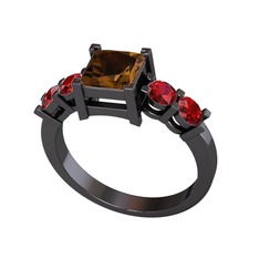 Pya 5 Taş Yüzük - Dumanlı kuvars ve garnet 925 ayar siyah rodyum kaplama gümüş yüzük #1kjty21