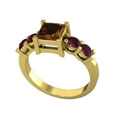 Pya 5 Taş Yüzük - Dumanlı kuvars ve kök yakut 925 ayar altın kaplama gümüş yüzük #1kzz89v