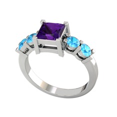 Pya 5 Taş Yüzük - Ametist ve akuamarin 14 ayar beyaz altın yüzük #1lmb61p