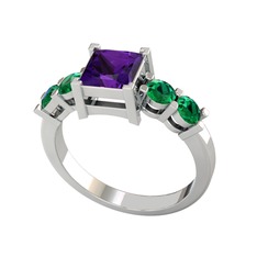 Pya 5 Taş Yüzük - Ametist ve yeşil kuvars 8 ayar beyaz altın yüzük #1o9qzel