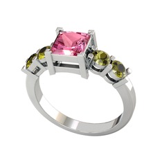Pembe kuvars ve peridot 14 ayar beyaz altın yüzük