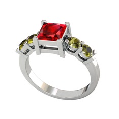 Pya 5 Taş Yüzük - Garnet ve peridot 14 ayar beyaz altın yüzük #1tqae9e