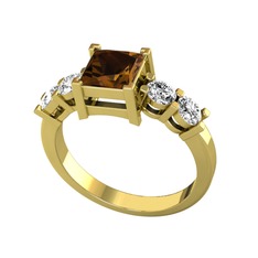 Pya 5 Taş Yüzük - Dumanlı kuvars ve beyaz zirkon 925 ayar altın kaplama gümüş yüzük #1u5350o