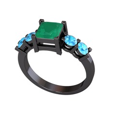 Pya 5 Taş Yüzük - Kök zümrüt ve akuamarin 925 ayar siyah rodyum kaplama gümüş yüzük #1ukabs4