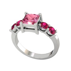 Pya 5 Taş Yüzük - Pembe kuvars ve rodolit garnet 18 ayar beyaz altın yüzük #1v7xupy