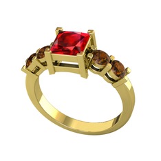 Garnet ve dumanlı kuvars 14 ayar altın yüzük