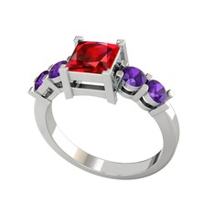 Pya 5 Taş Yüzük - Garnet ve ametist 14 ayar beyaz altın yüzük #1y1iboy