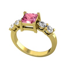 Pya 5 Taş Yüzük - Pembe kuvars ve swarovski 18 ayar altın yüzük #2q2243